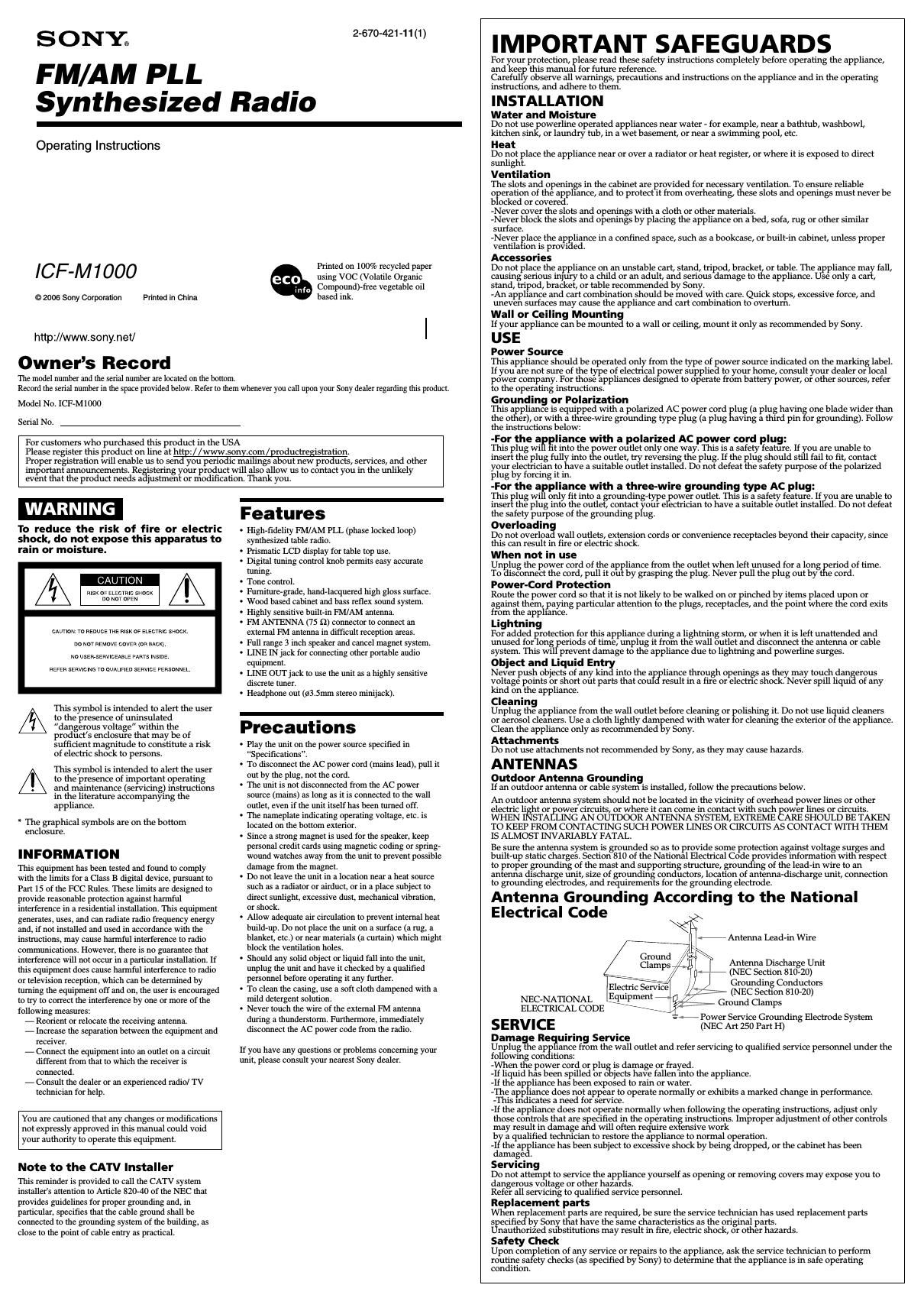 sony icf m 1000 owners manual