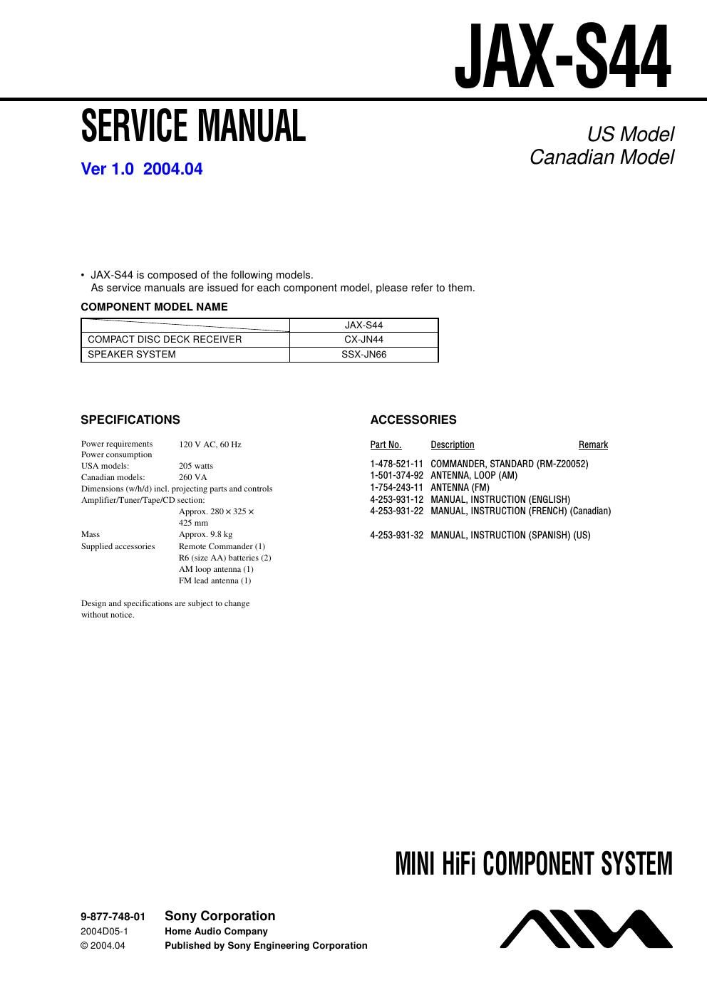 sony jax s 44 service manual