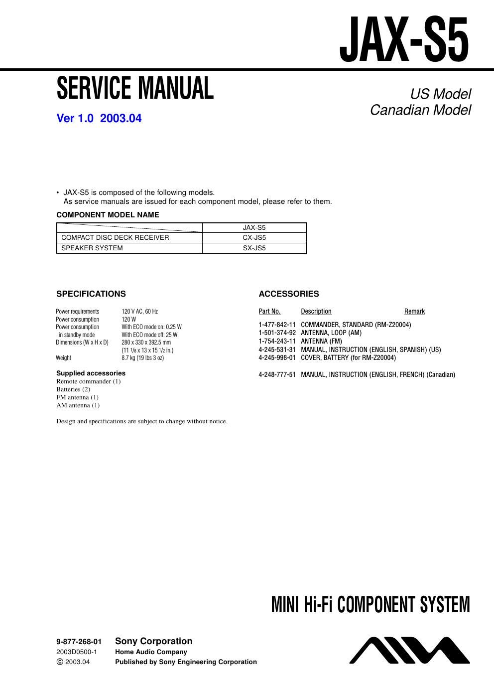 sony jax s 5 service manual