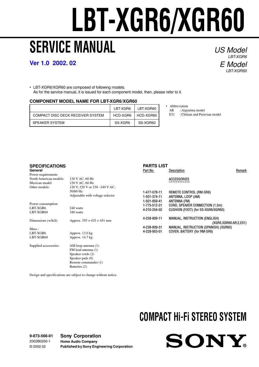 sony lbt xgr 6 service manual