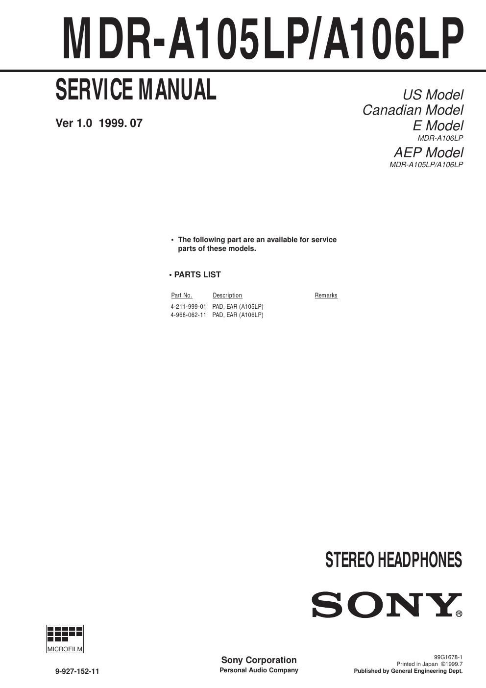 sony mdr a 105 lp service manual