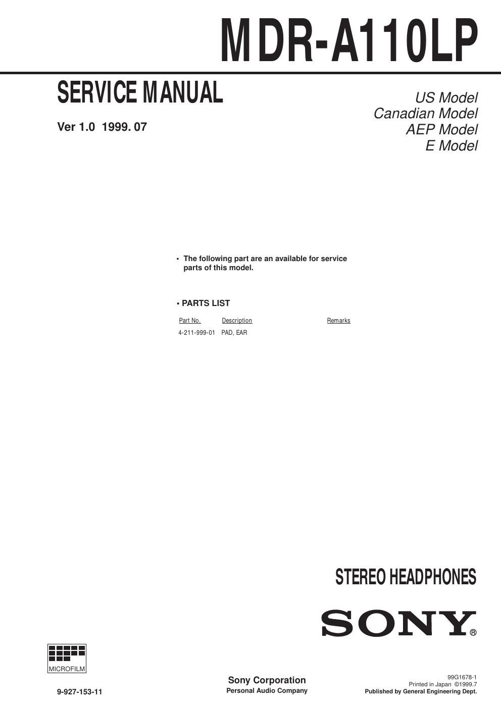 sony mdr a 110 lp service manual