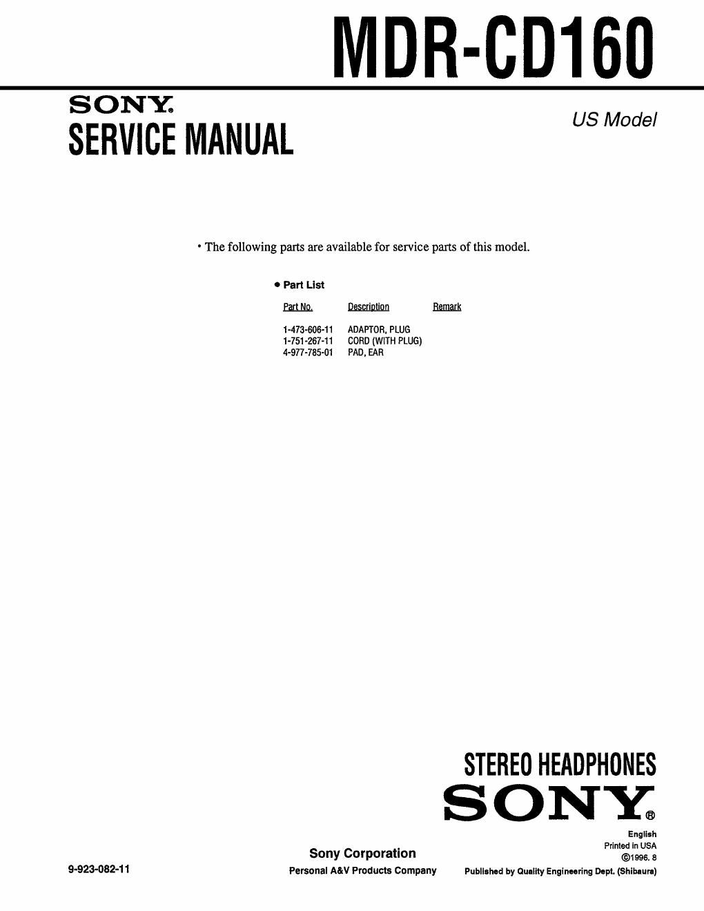 sony mdr cd 160 service manual