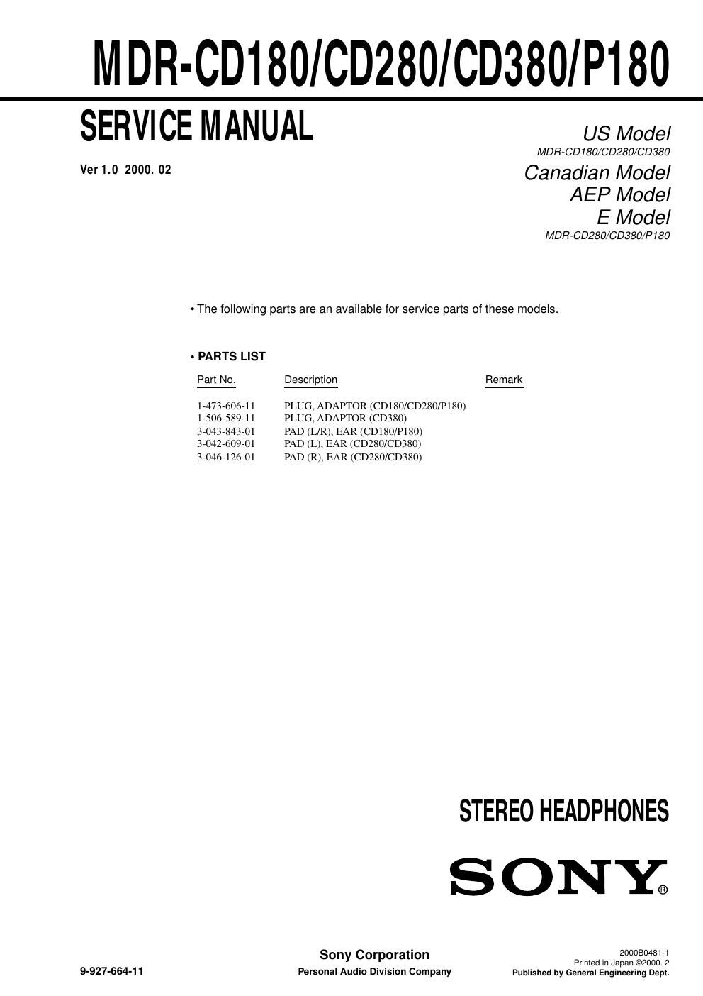 sony mdr cd 180 service manual