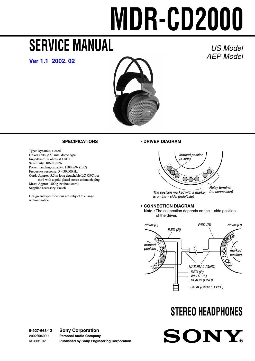 Free Audio Service Manuals - Free download sony mdr cd 2000