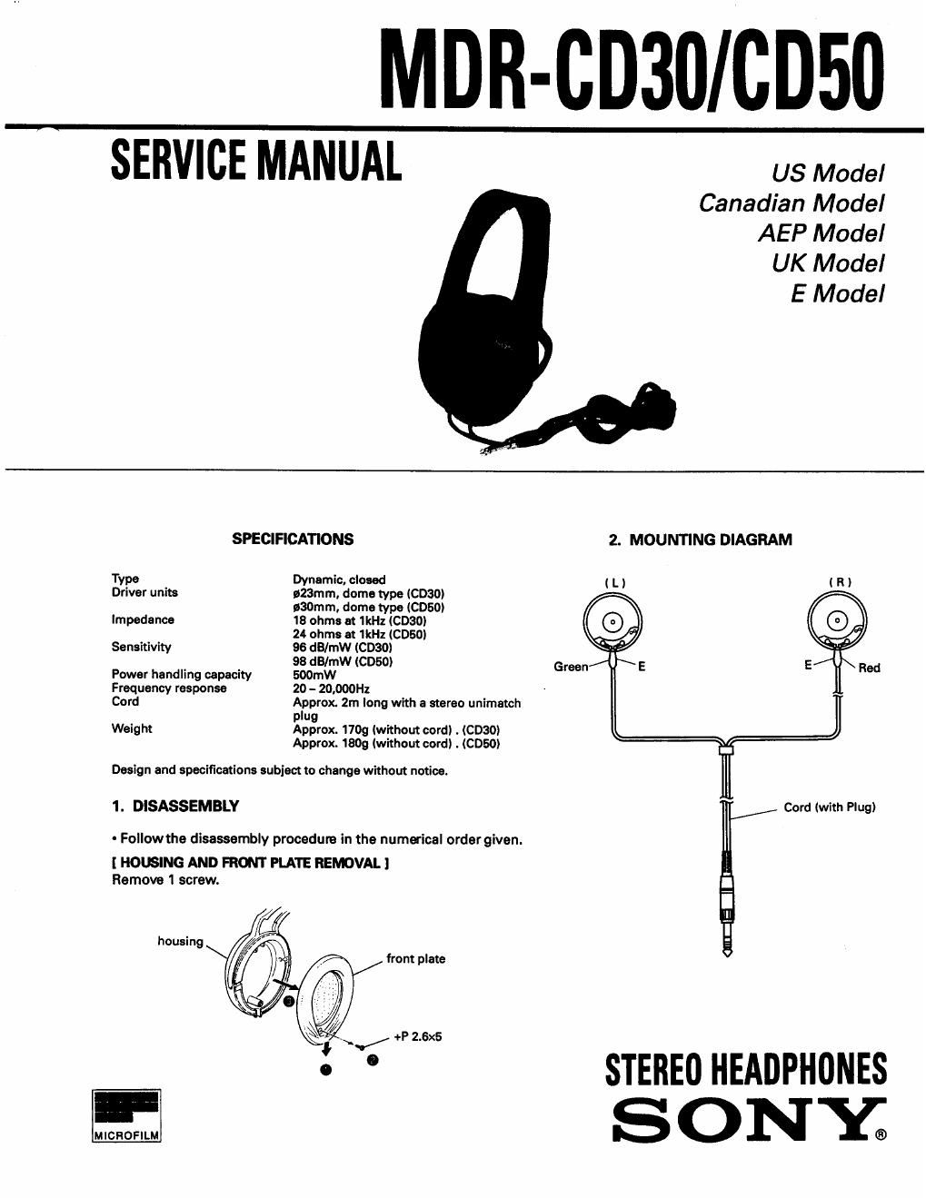 sony mdr cd 30 service manual