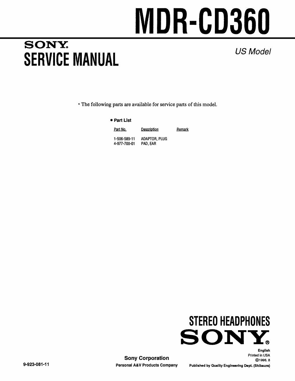 sony mdr cd 360 service manual