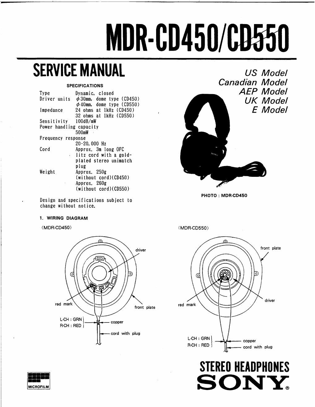 sony mdr cd 550 service manual