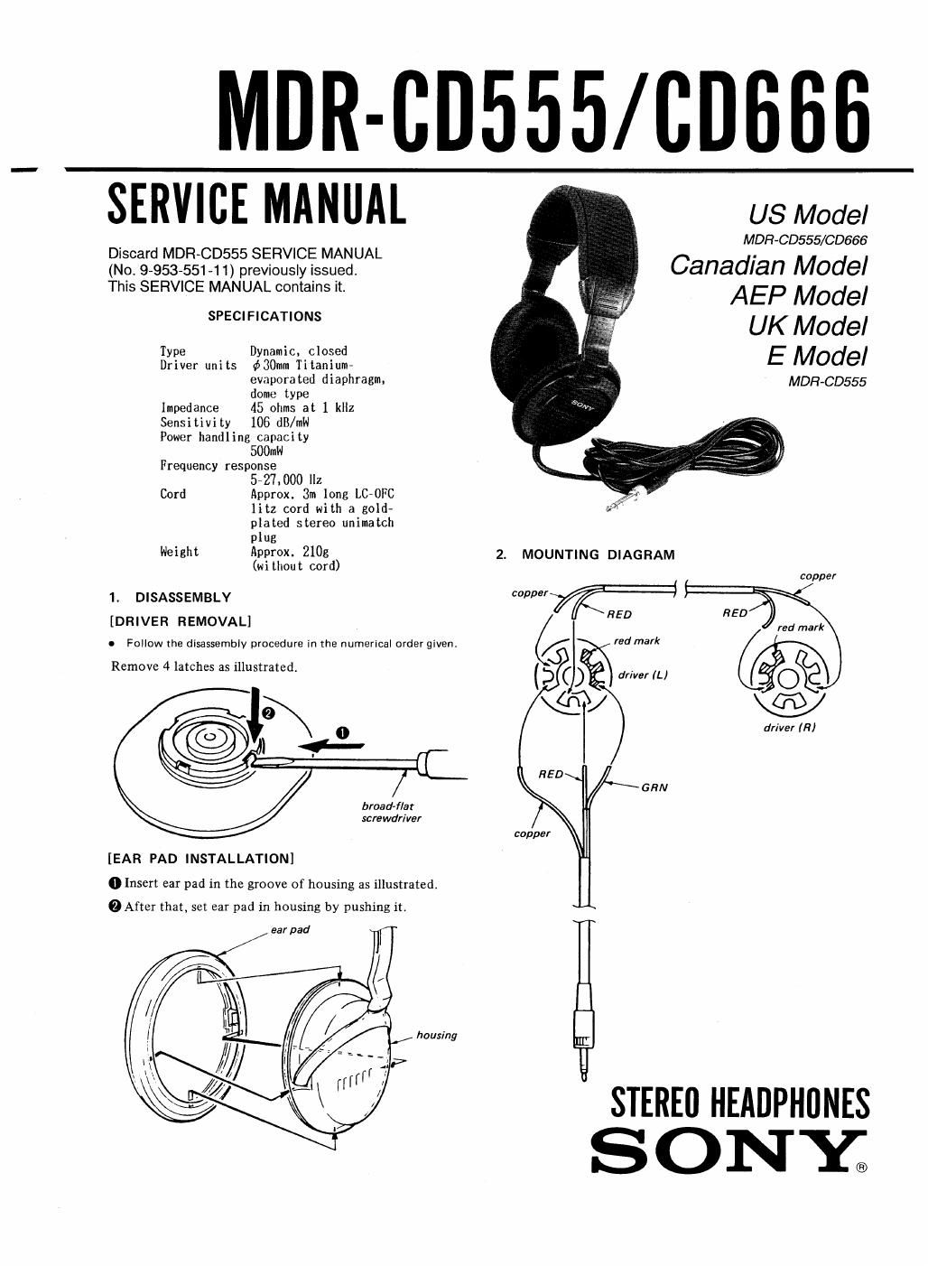 sony mdr cd 555 service manual