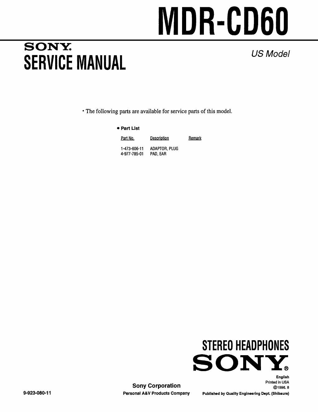 sony mdr cd 60 service manual