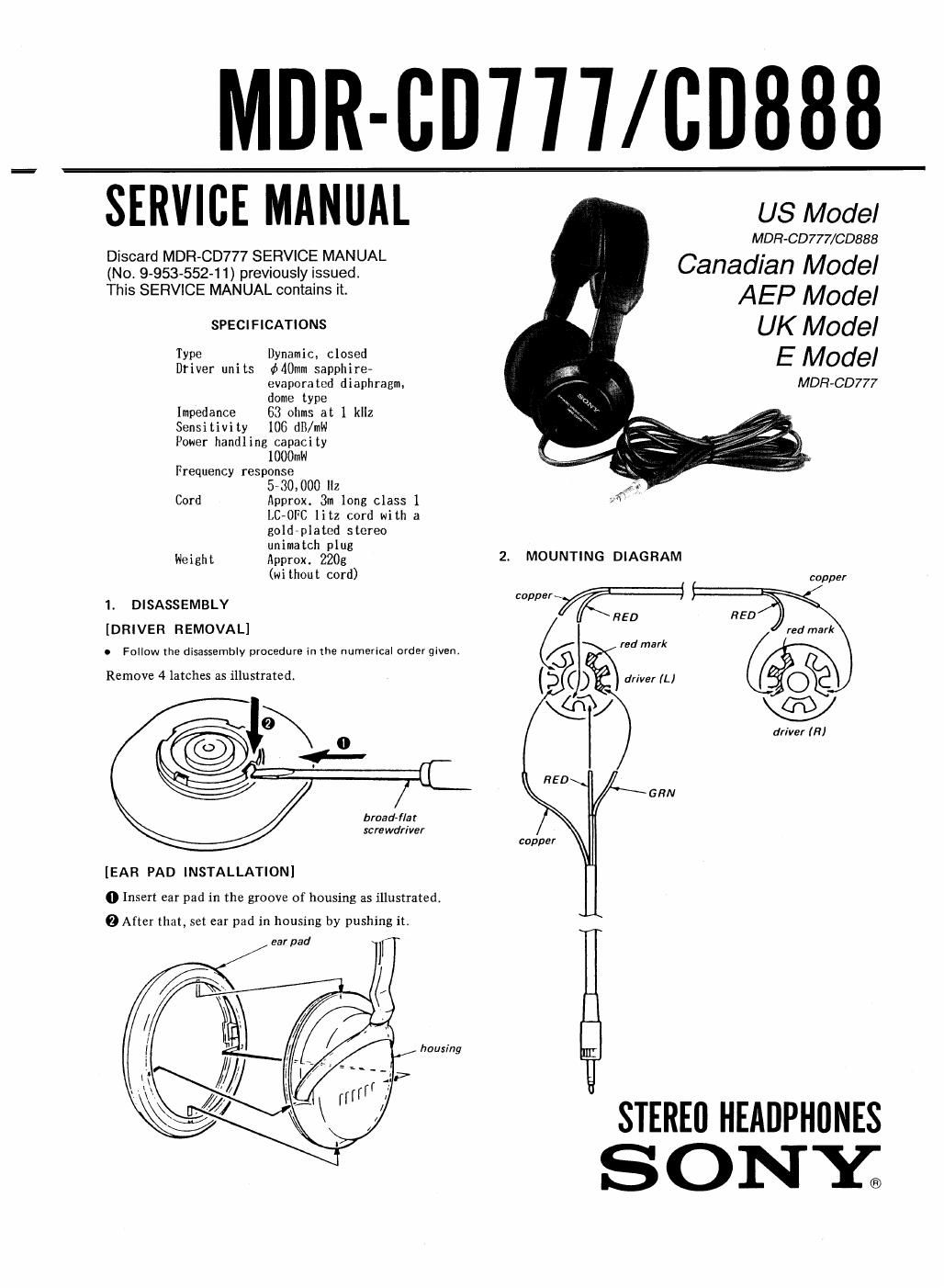 sony mdr cd 777 service manual