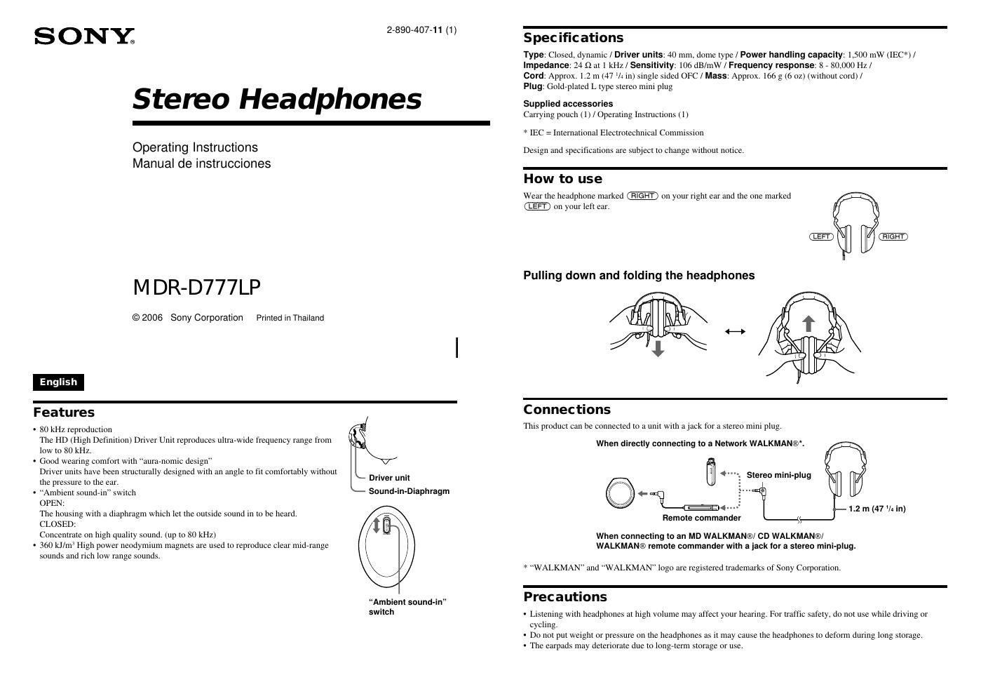 sony mdr d 777 lp owners manual