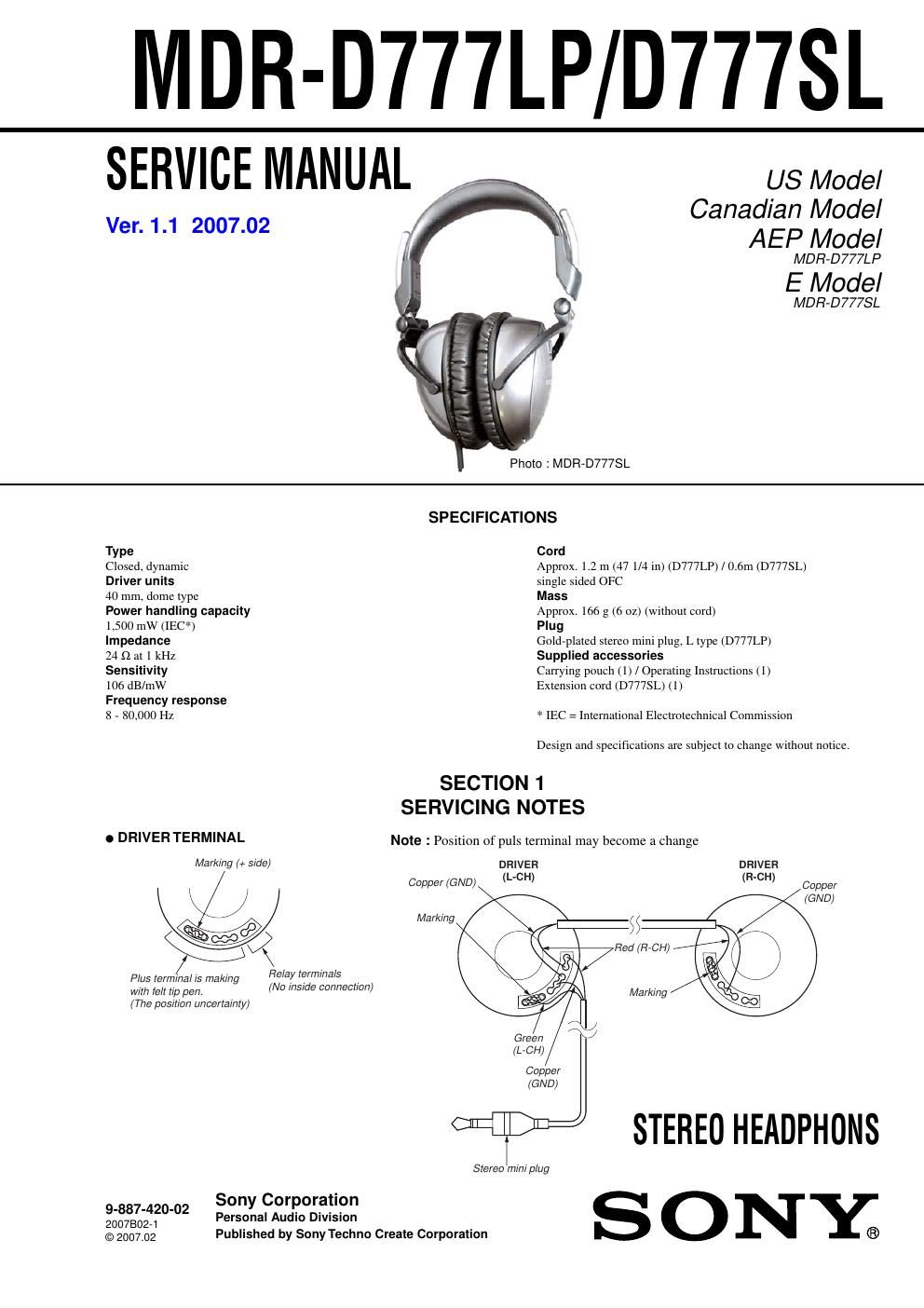 sony mdr d 777 lp service manual