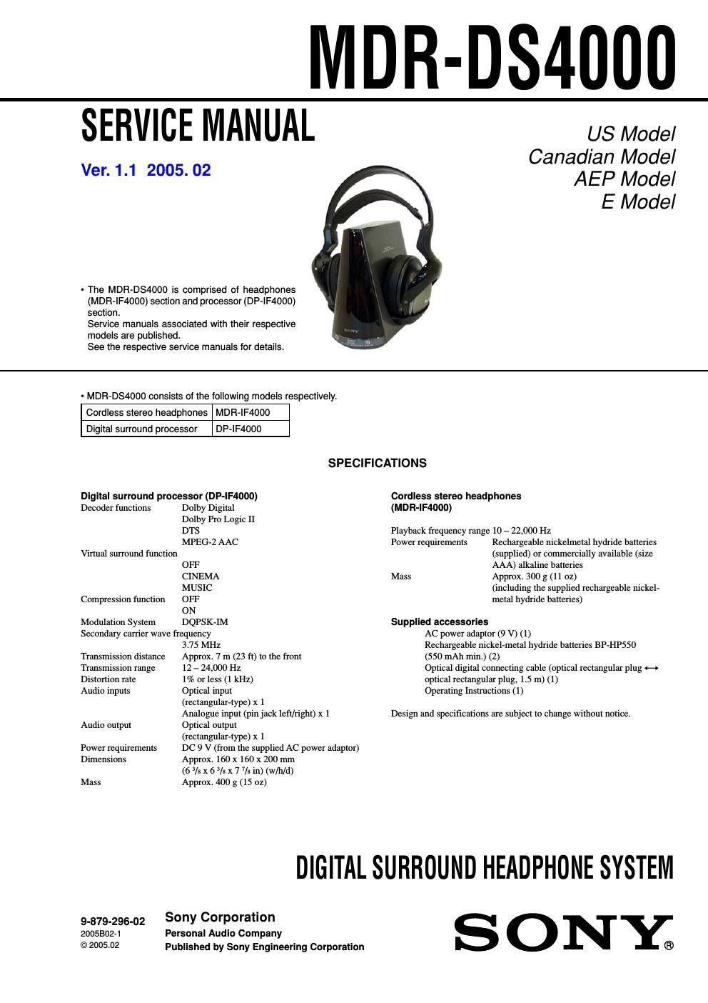 sony mdr ds 4000 service manual