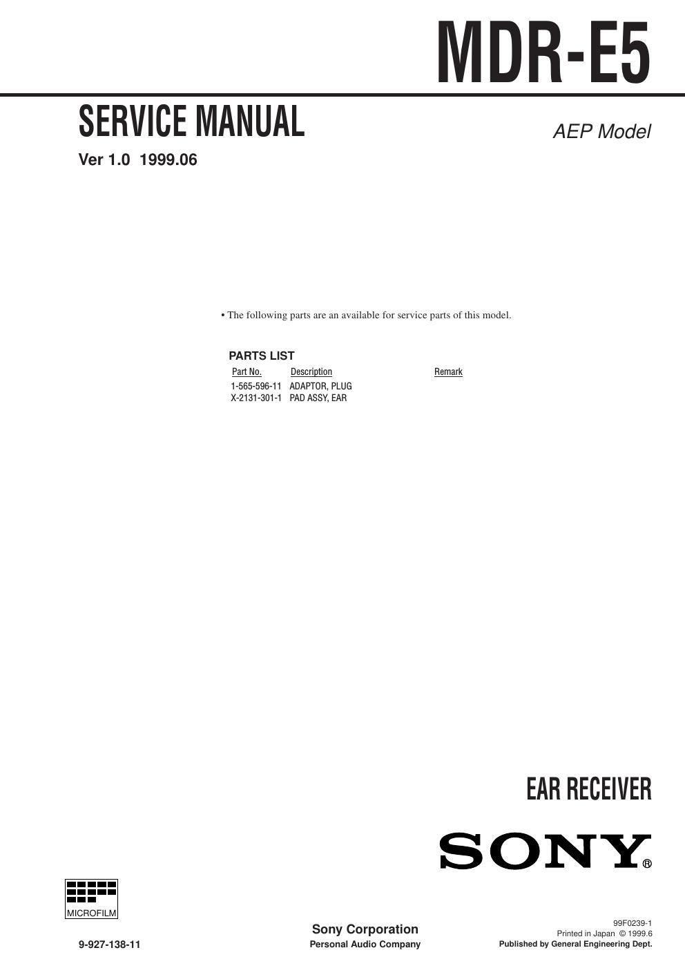 sony mdr e 5 service manual