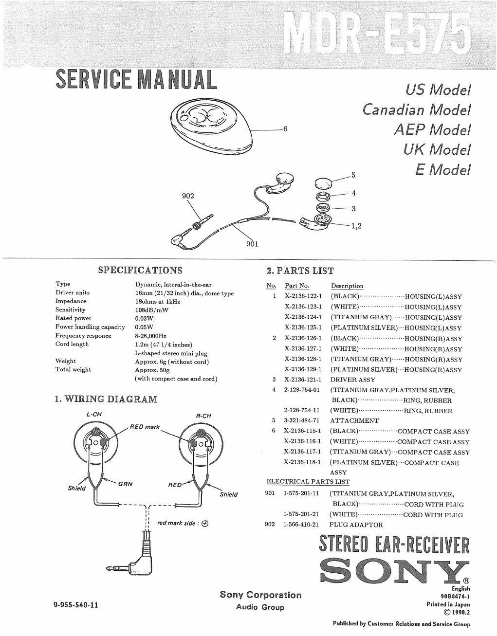 sony mdr e 575 service manual