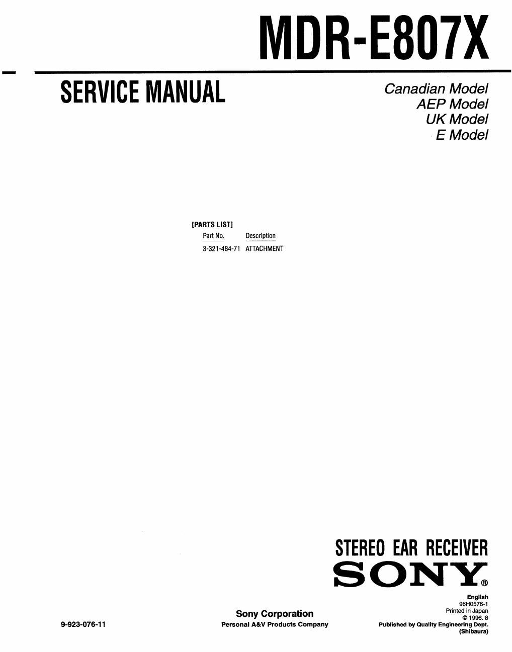 sony mdr e 807 x service manual