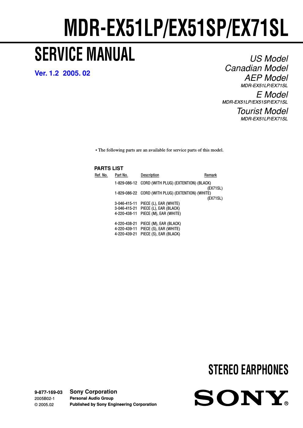 sony mdr ex 51 lp service manual