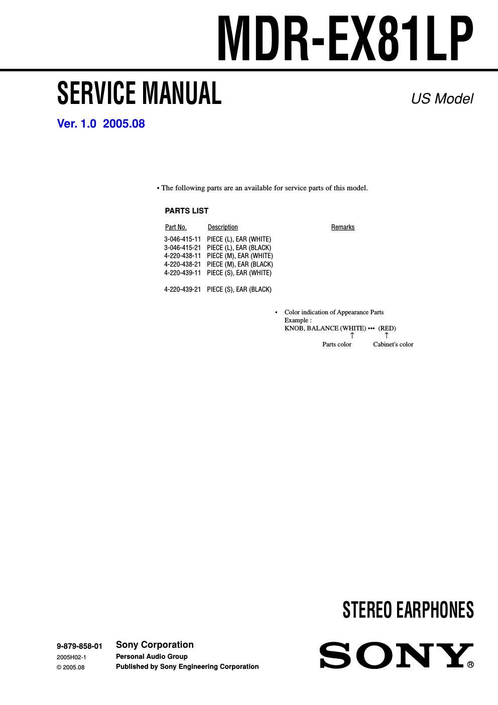 sony mdr ex 81 lp service manual