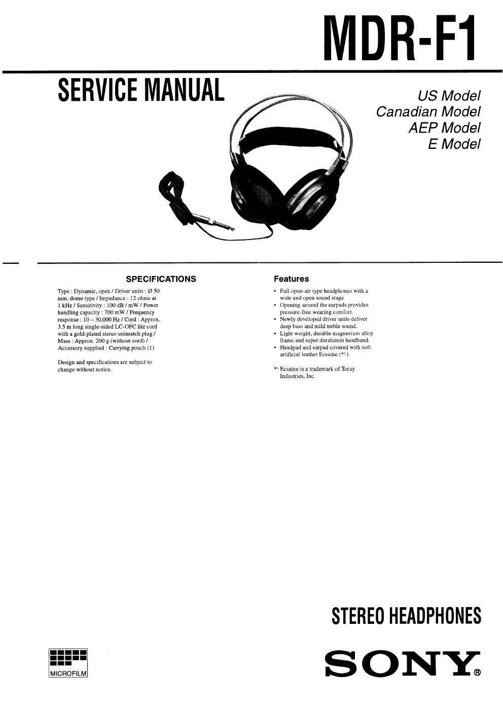 sony mdr f 1 service manual