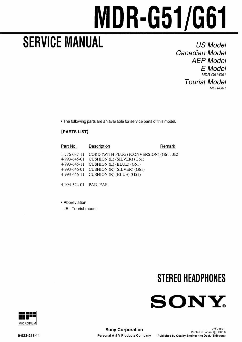 sony mdr g 51 service manual