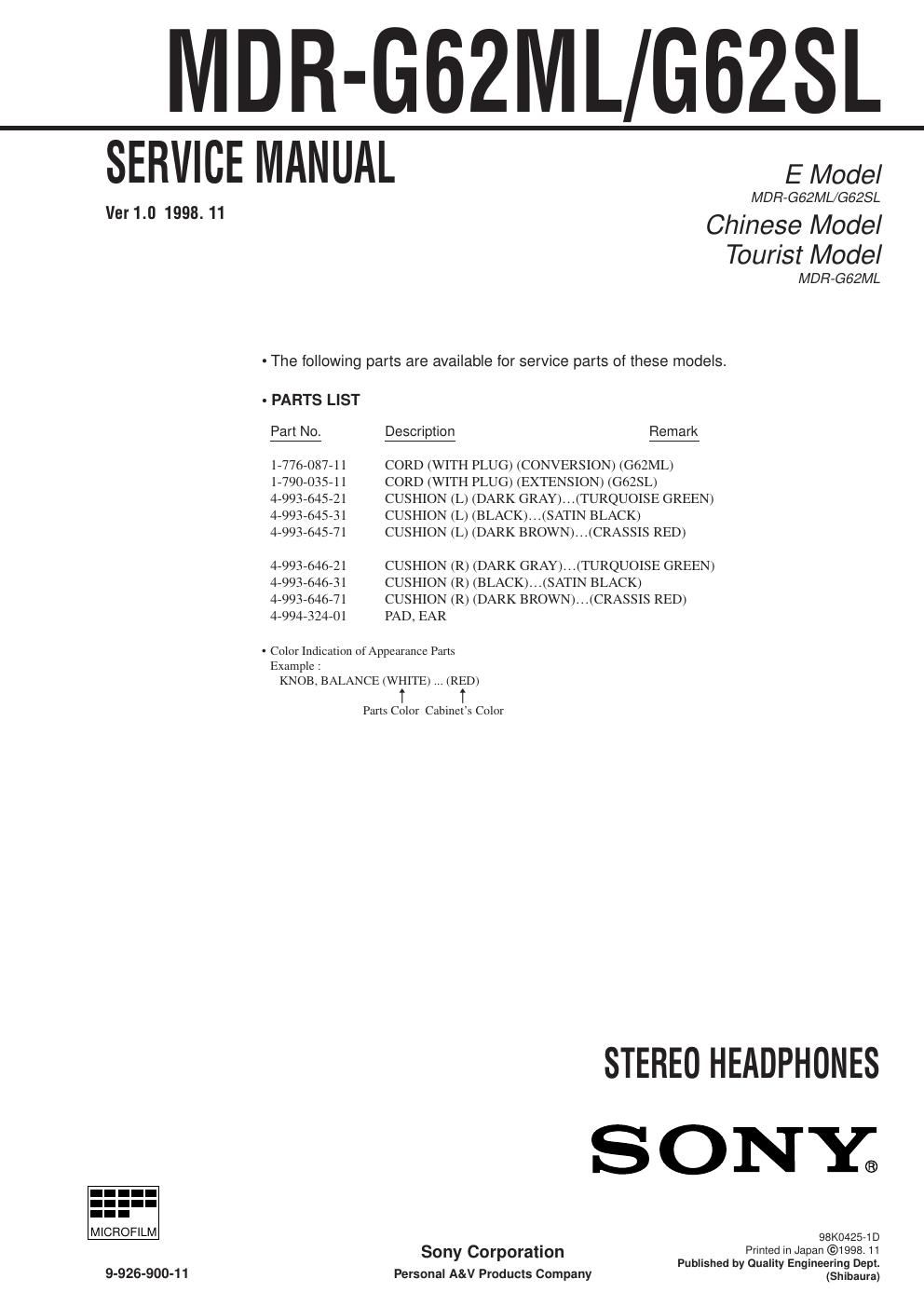 sony mdr g 62 ml service manual