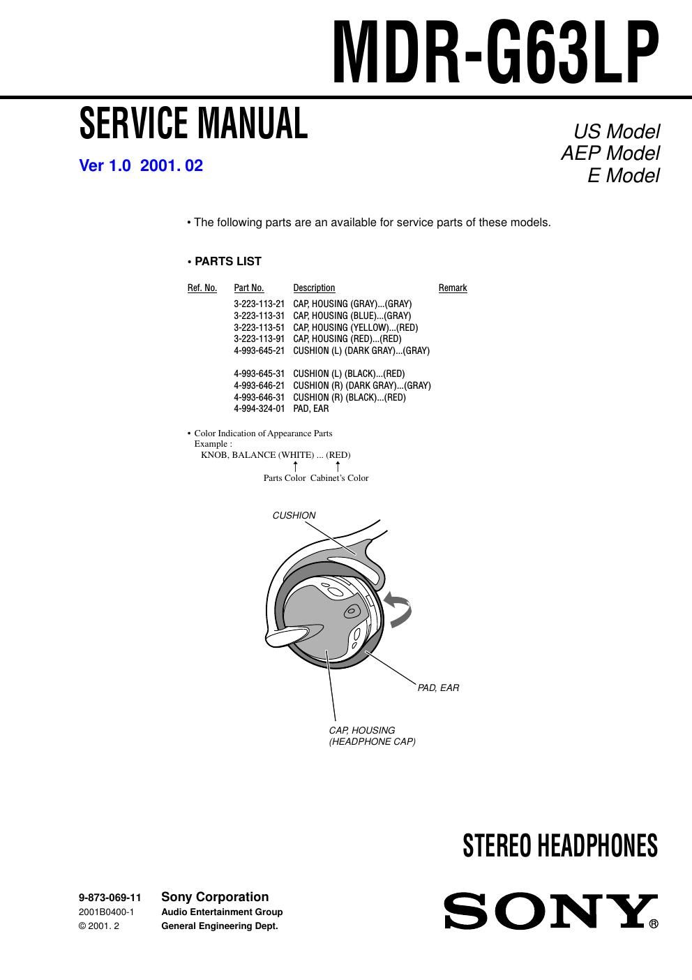 sony mdr g 63 lp service manual