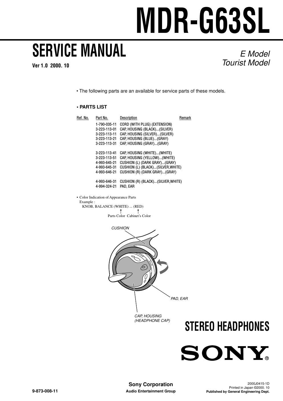 sony mdr g 63 sl service manual