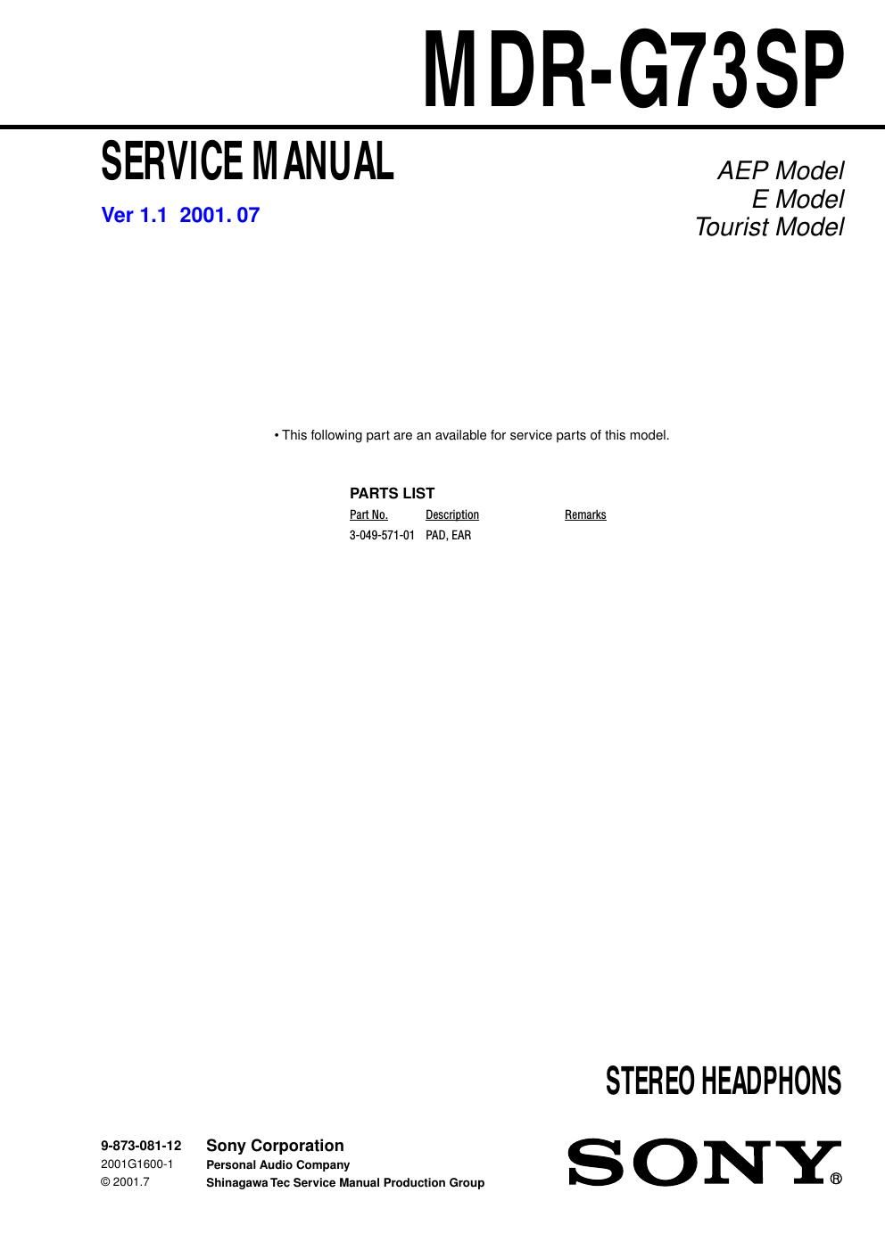 sony mdr g 73 sp service manual