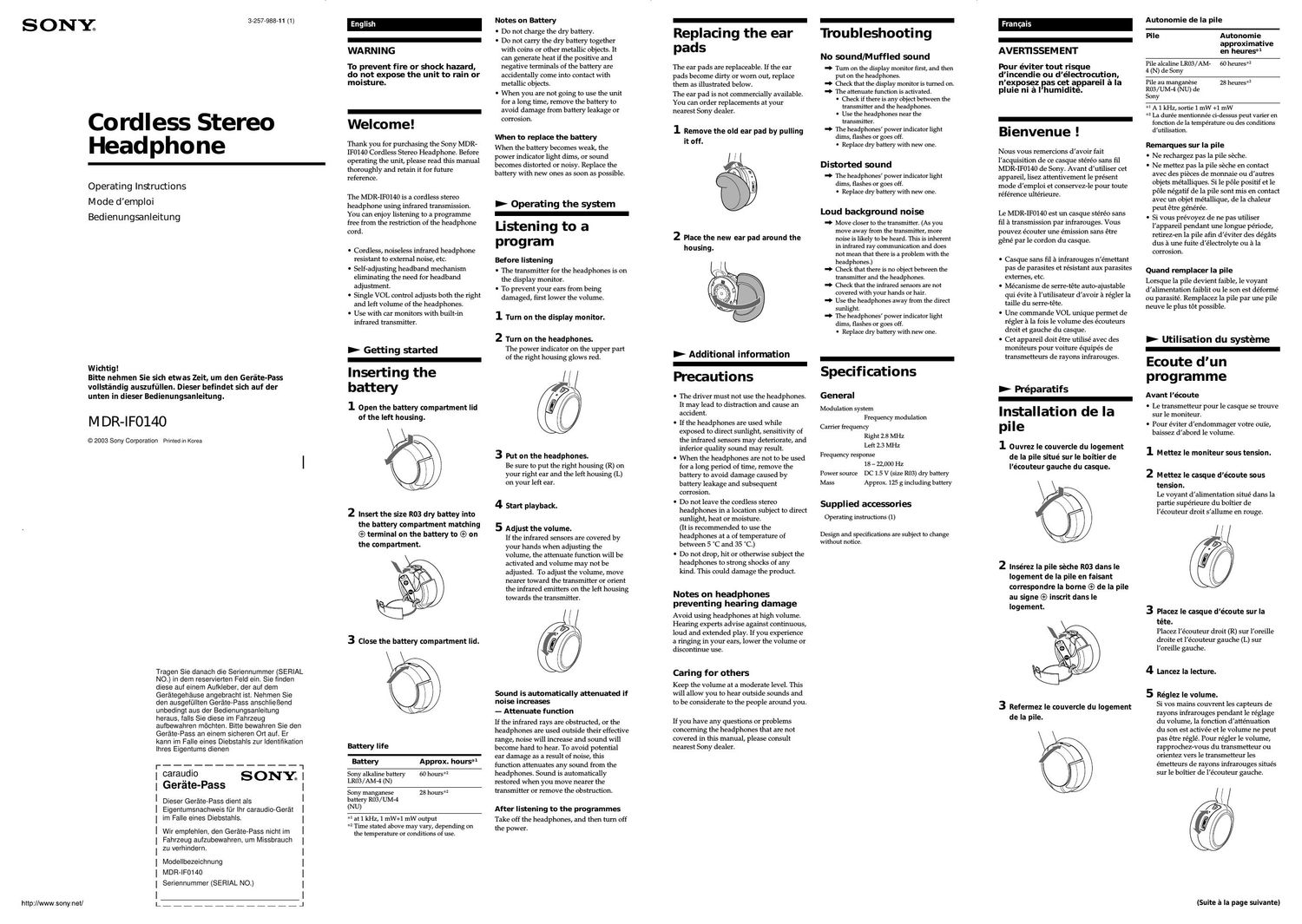 sony mdr if 0140 owners manual