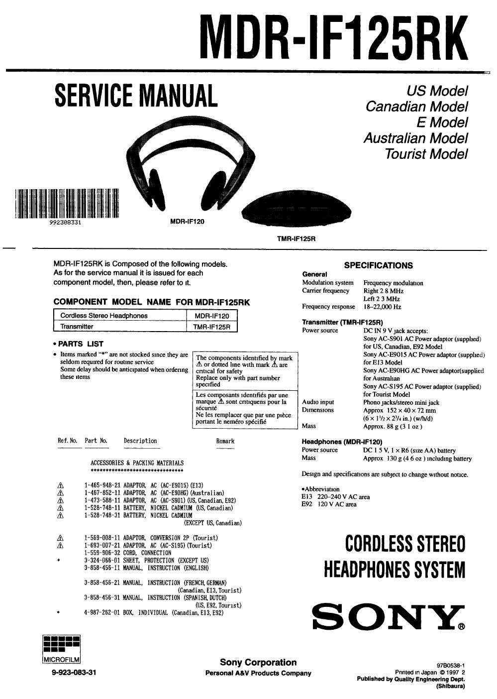 sony mdr if 125 rk service manual