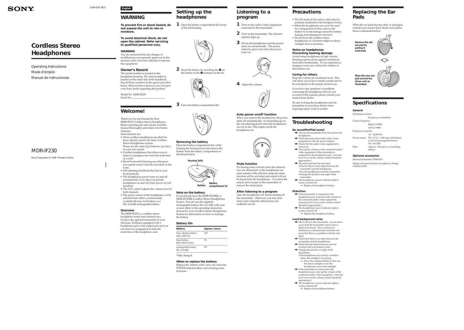 sony mdr if 230 owners manual