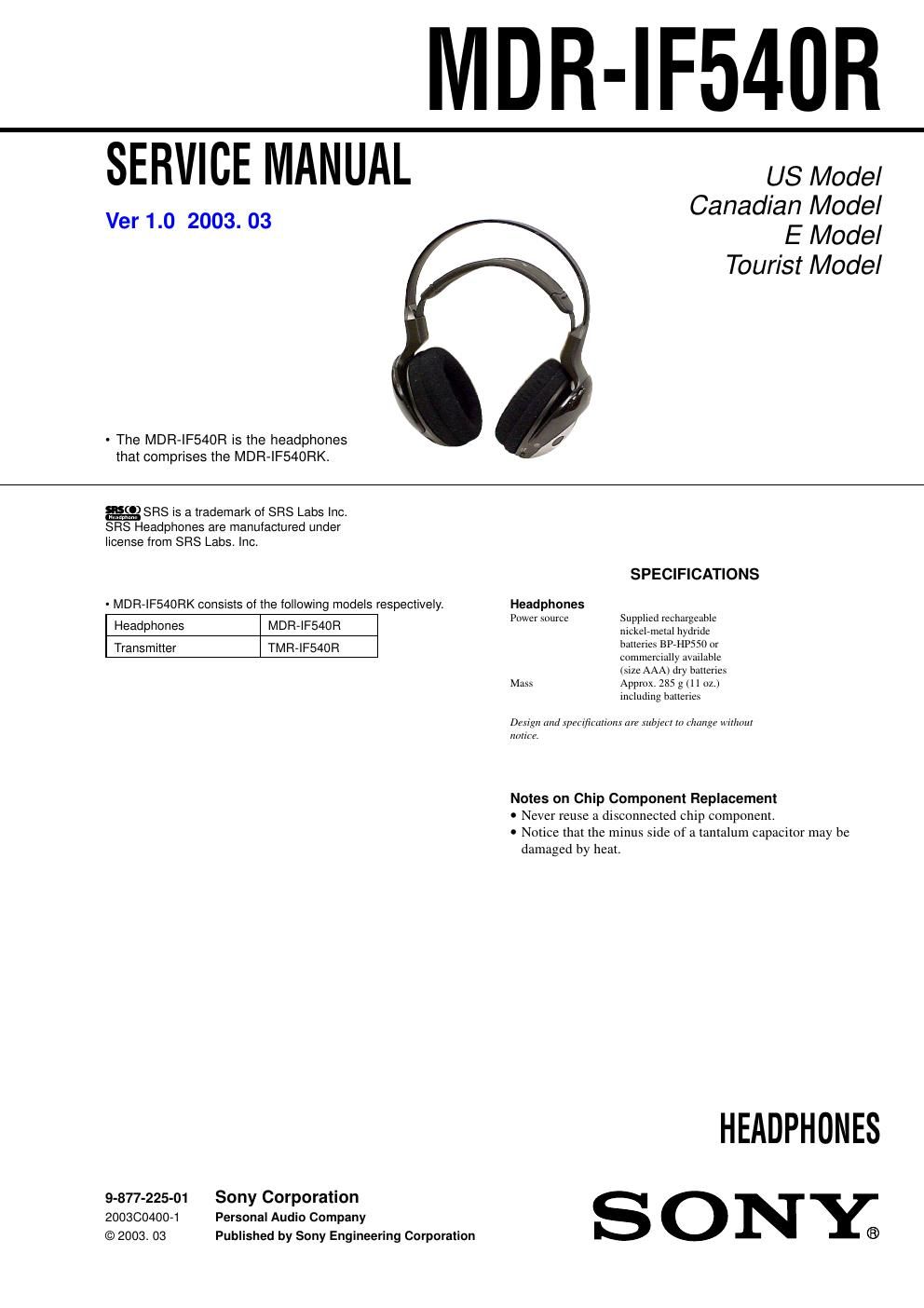 sony mdr if 540 r service manual