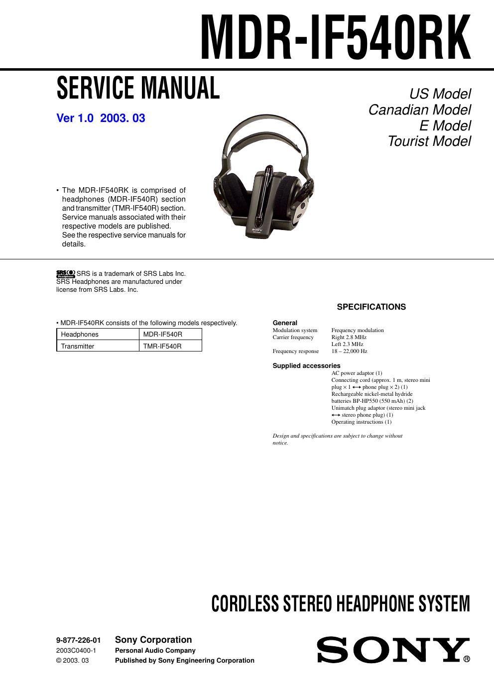 sony mdr if 540 rk service manual