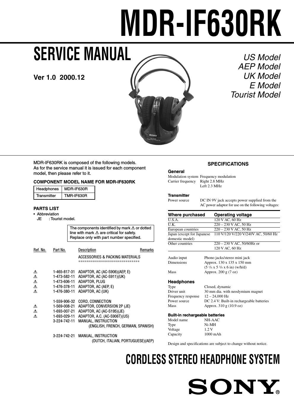 sony mdr if 630 rk service manual