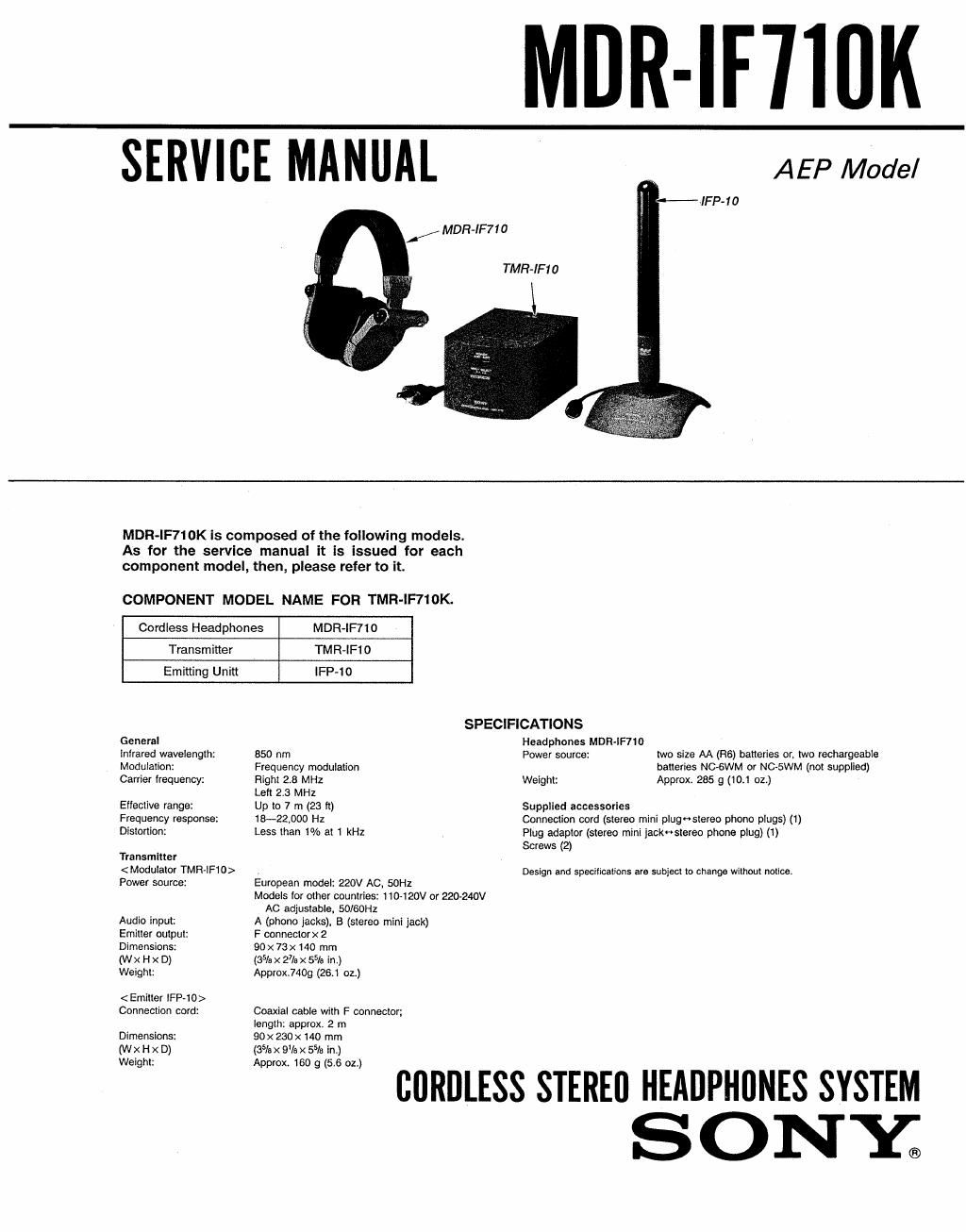 sony mdr if 710 k service manual