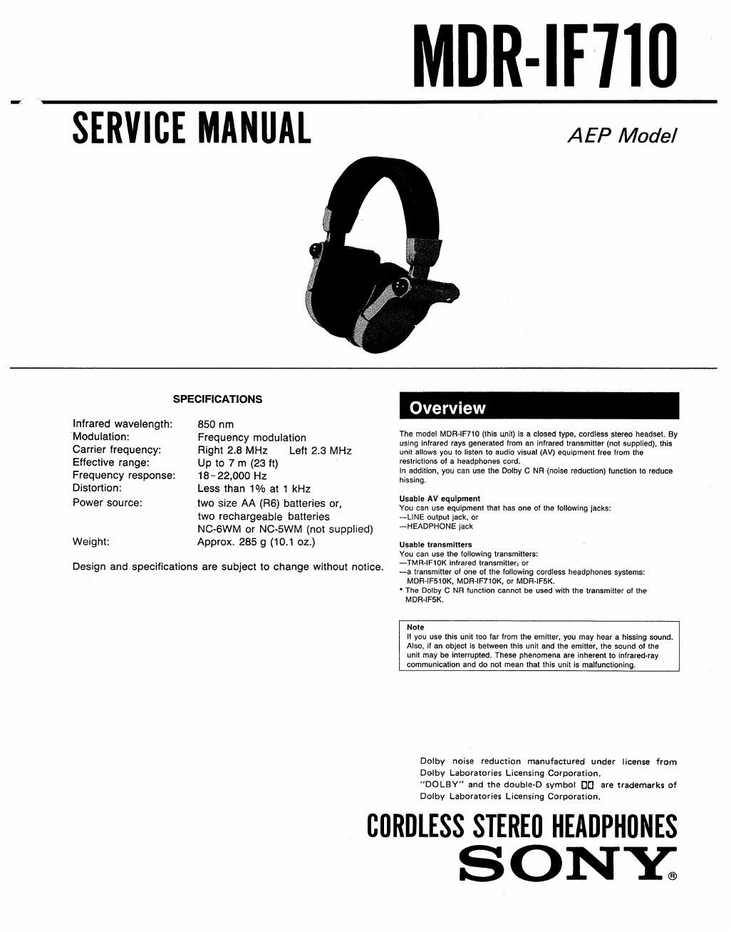 sony mdr if 710 service manual