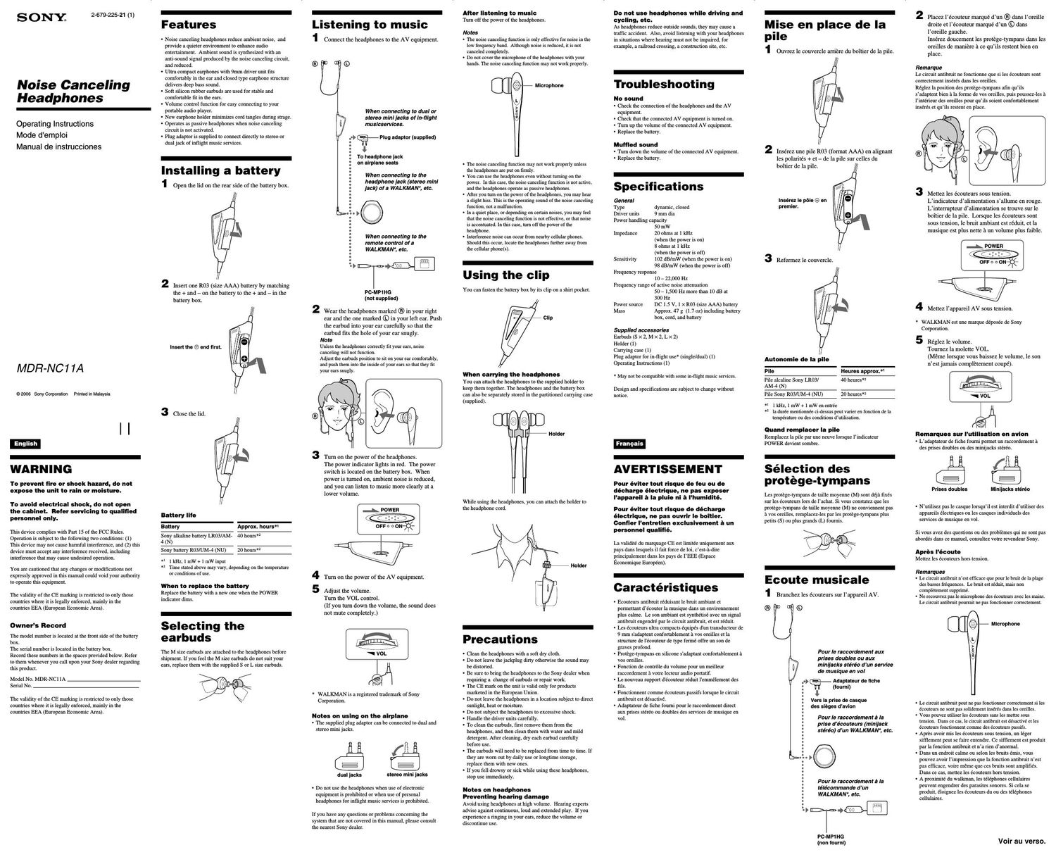 sony mdr nc 11 a owners manual