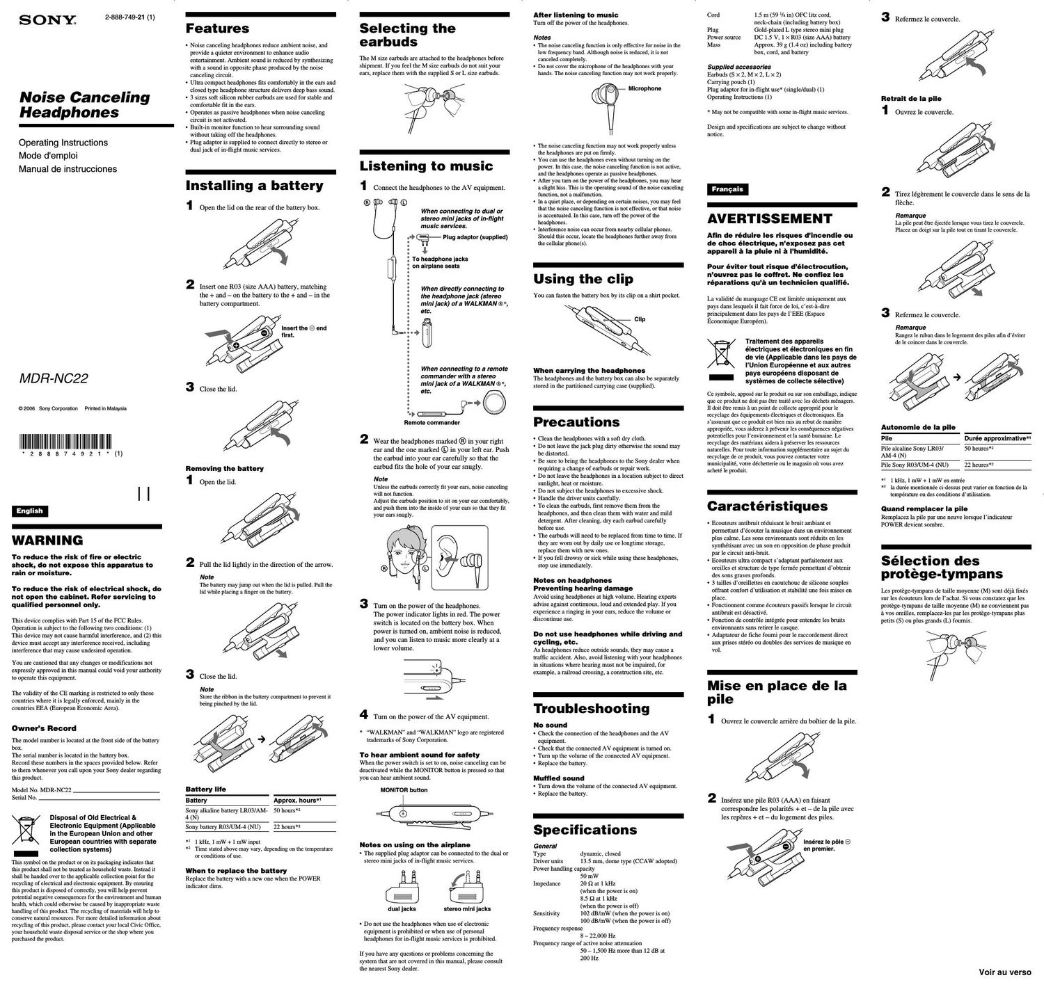 sony mdr nc 22 owners manual