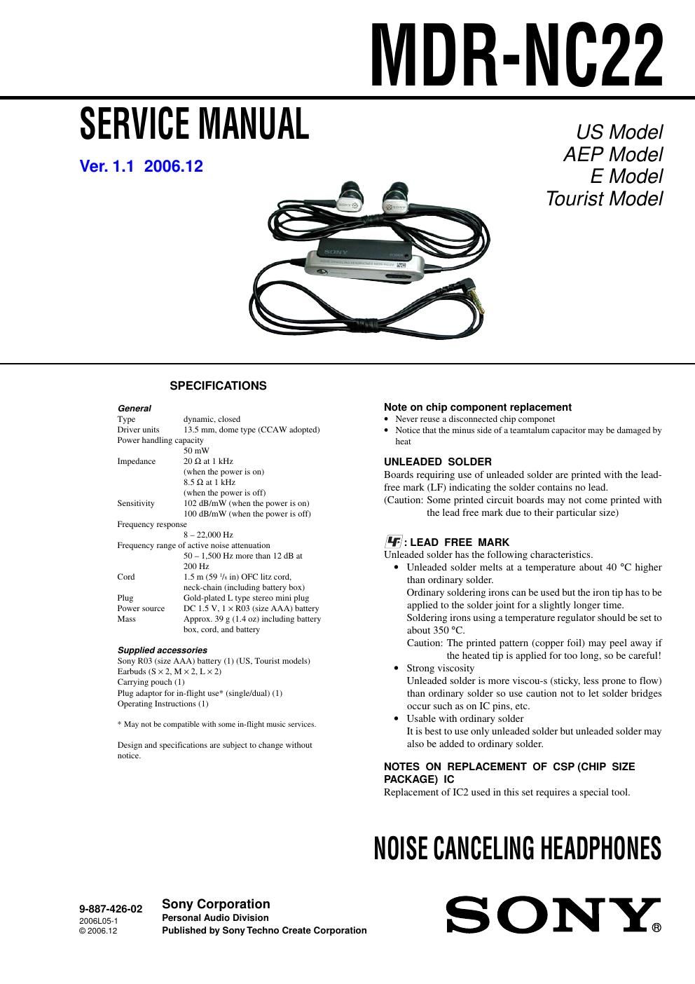 sony mdr nc 22 service manual