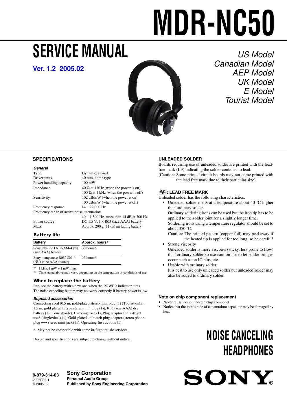 sony mdr nc 50 service manual