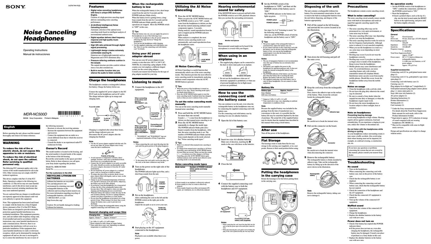 sony mdr nc 500 d owners manual