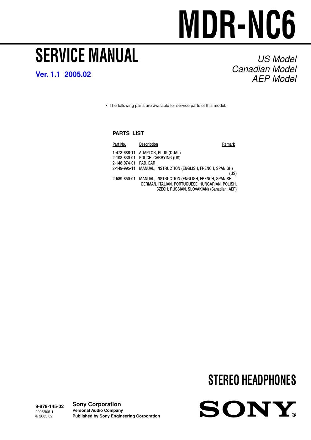 sony mdr nc 6 service manual