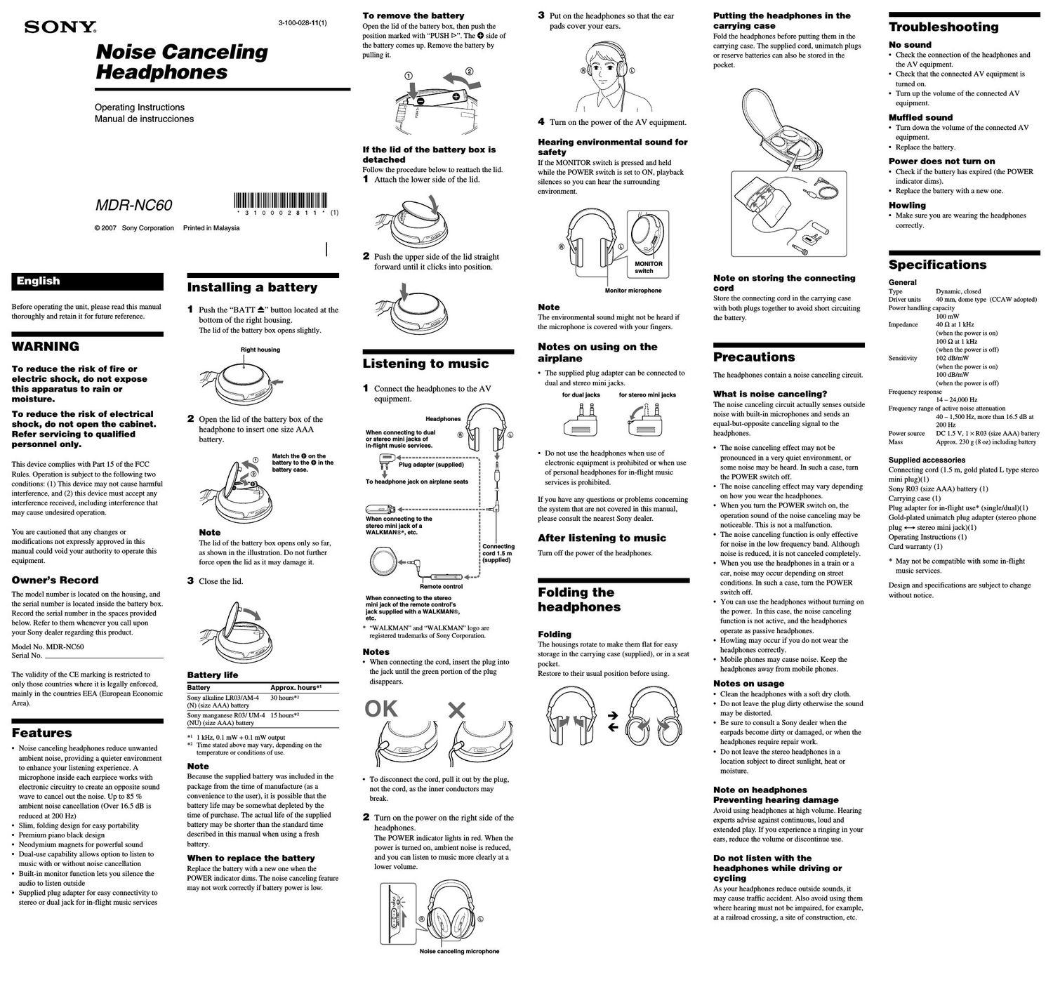 sony mdr nc 60 owners manual