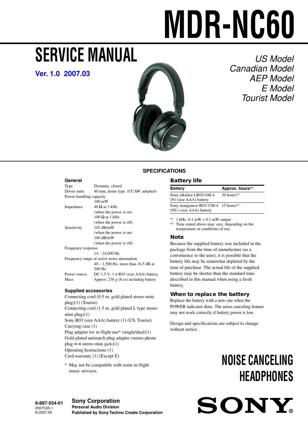 sony mdr nc 60 service manual