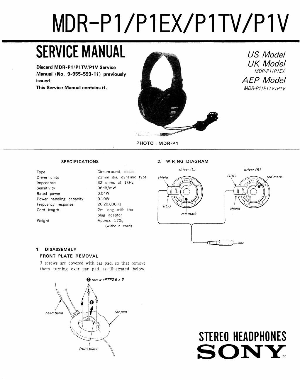 sony mdr p 1 ex service manual