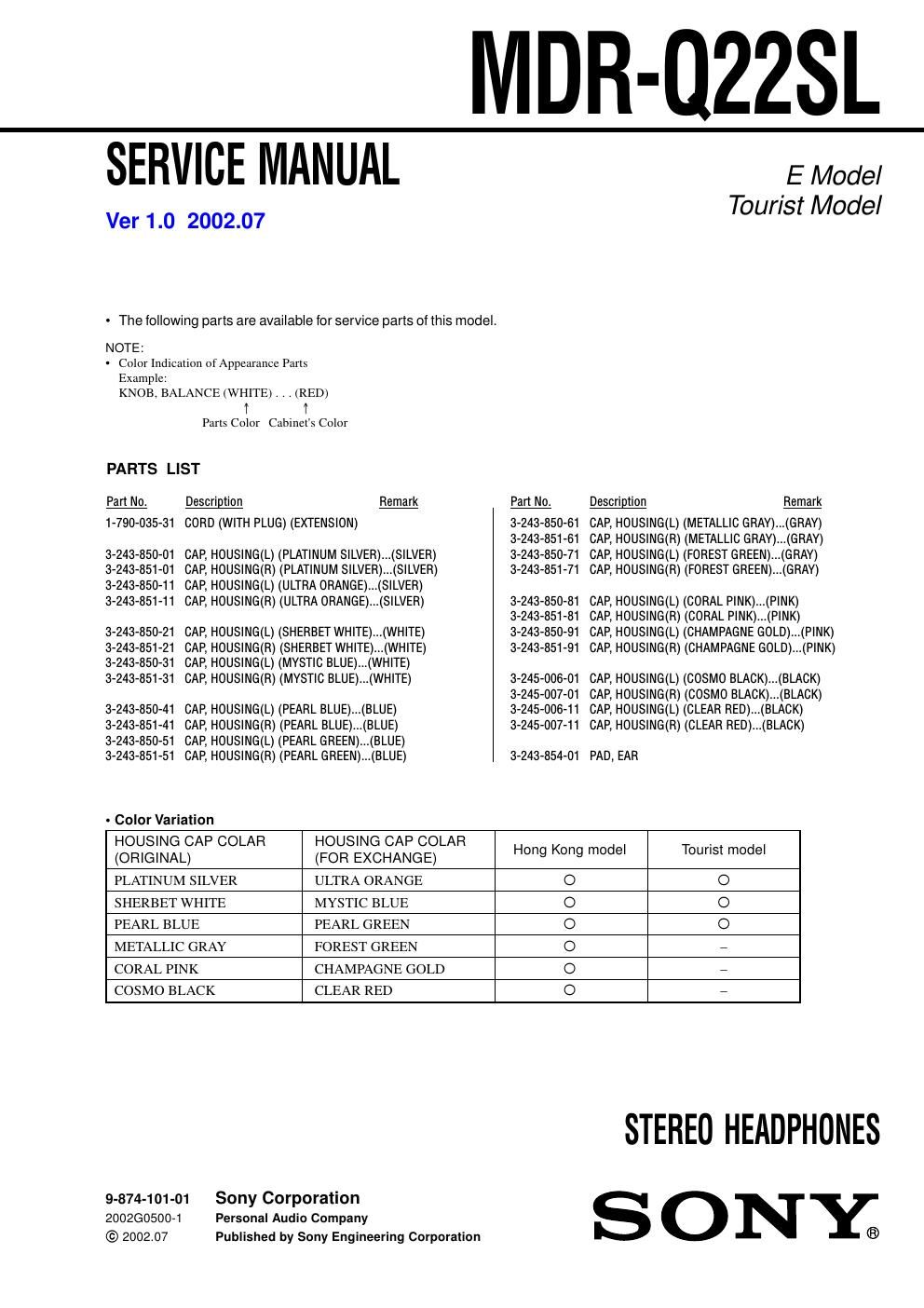 sony mdr q 22 sl service manual