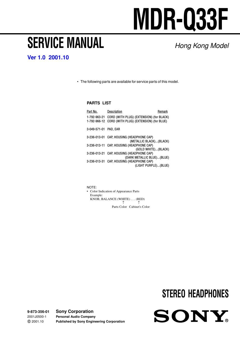 sony mdr q 33 f service manual