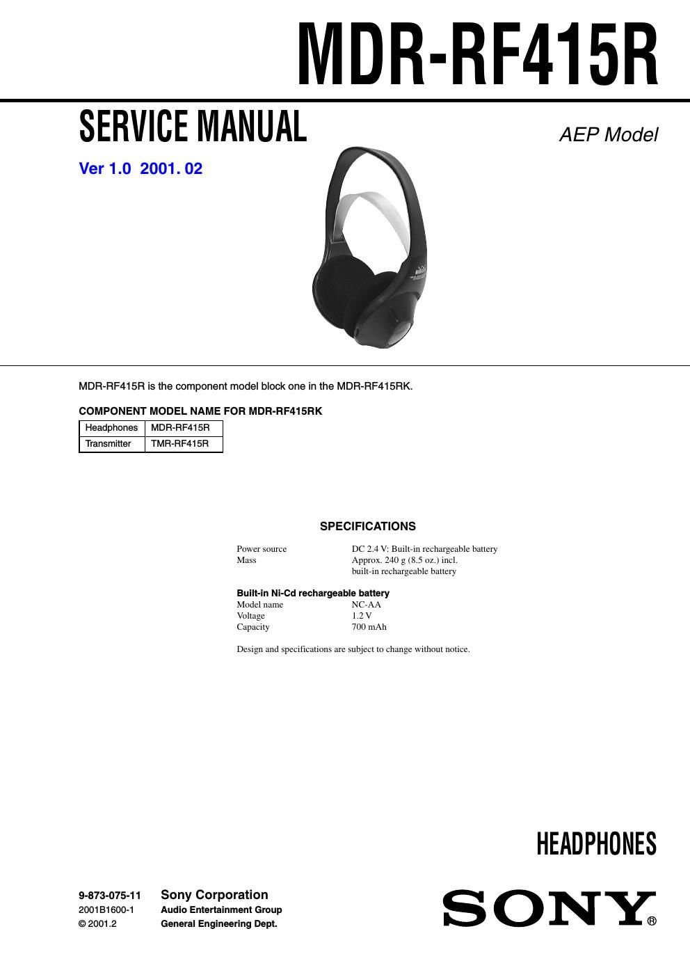 sony mdr rf 415 r service manual