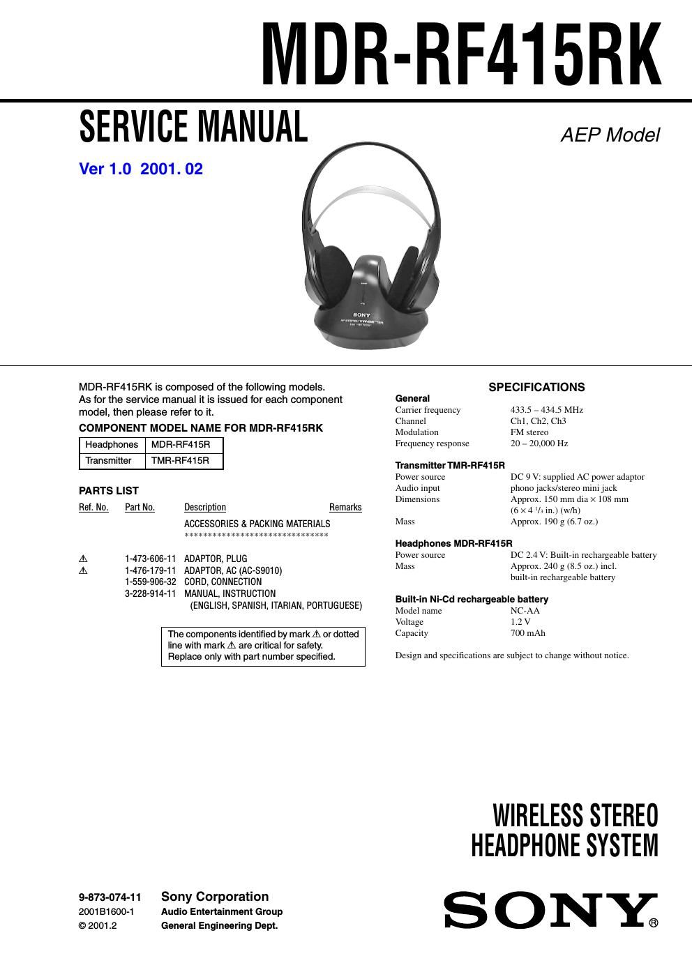 sony mdr rf 415 rk service manual